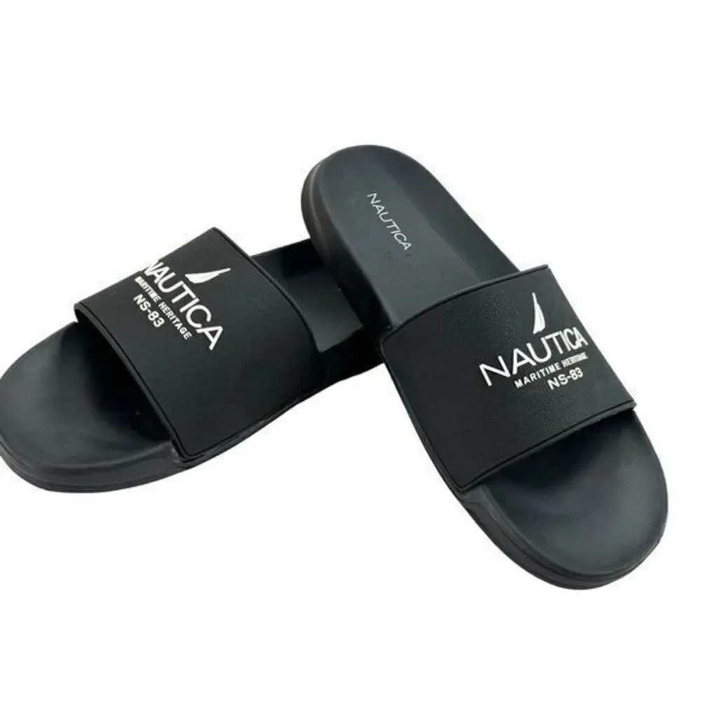NAUTICA ‎ Black White Maritime Heritage NS-83 Logo Slide Mens Sandal Mens 10